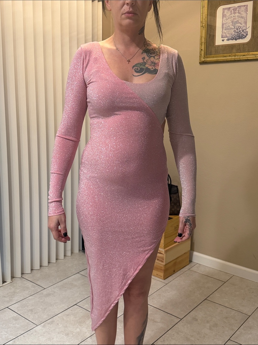 naked wardrobe Sparkling Pink Long-Sleeve Asymmetric Bodycon Dress